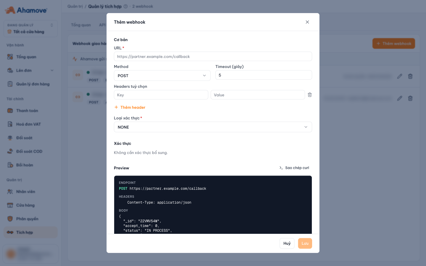 Form Thêm webhook: URL, method, timeout, headers, loại xác thực và preview request