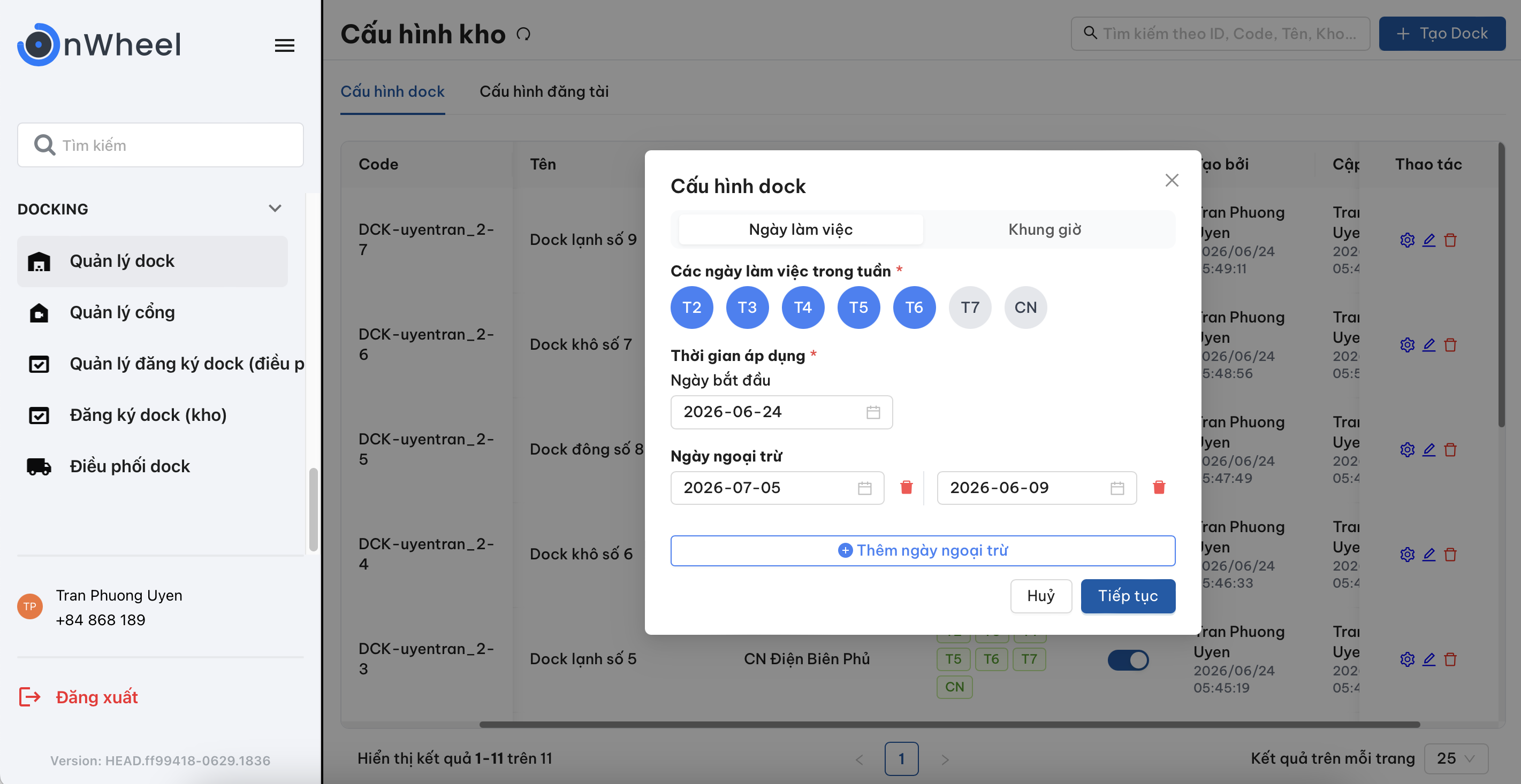 Popup Cấu hình dock theo ngày làm việc