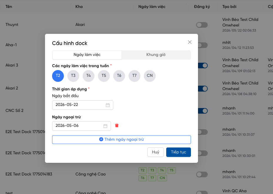 Working days configuration pop-up