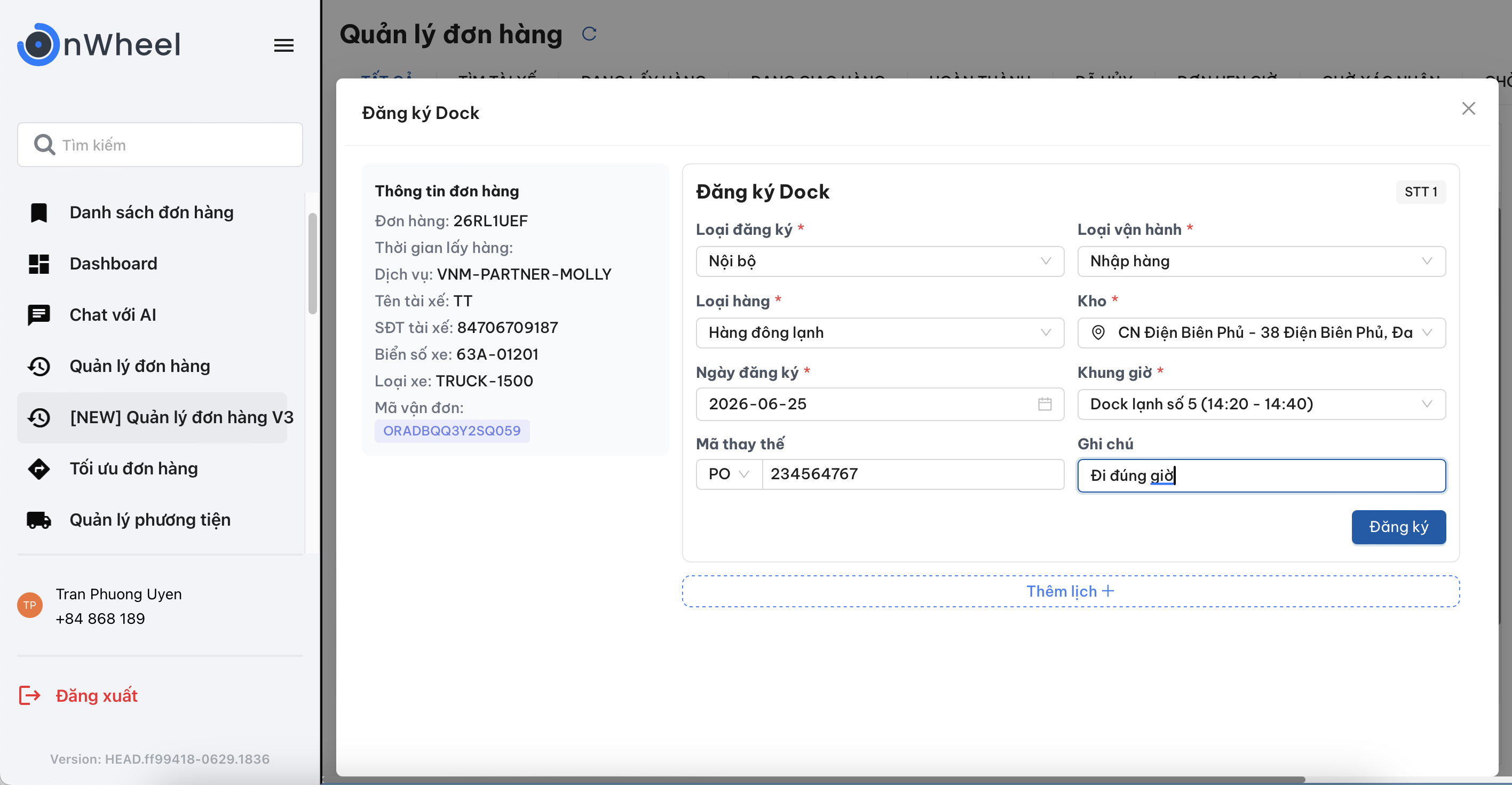 Popup đăng ký dock dành cho đơn hàng vận hành nội bộ