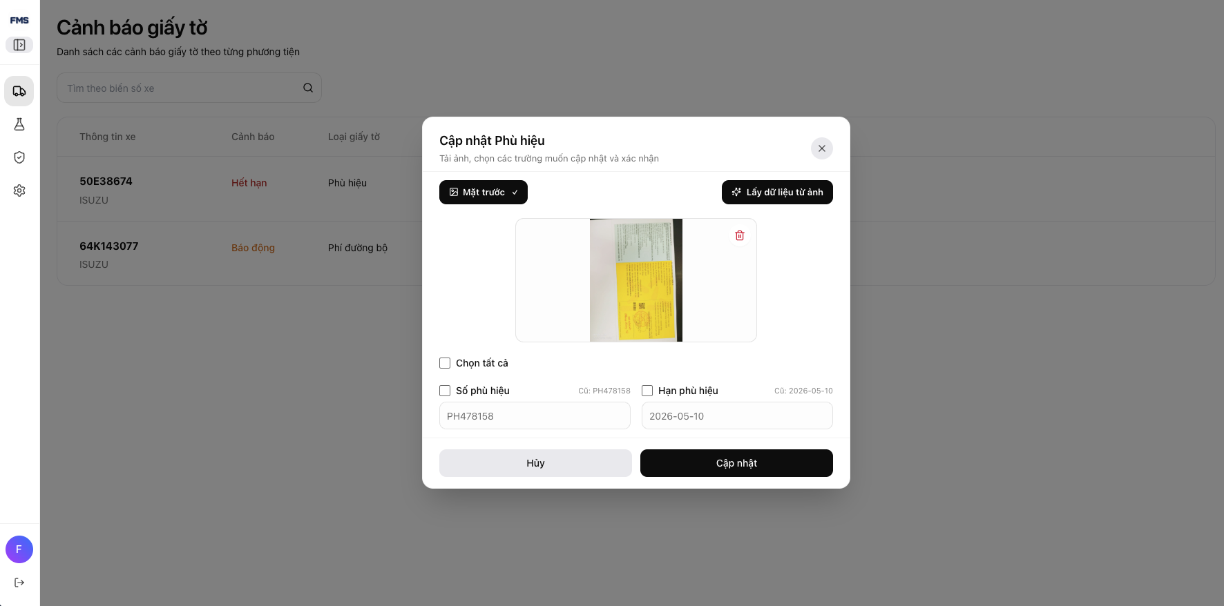 Popup cập nhật giấy tờ