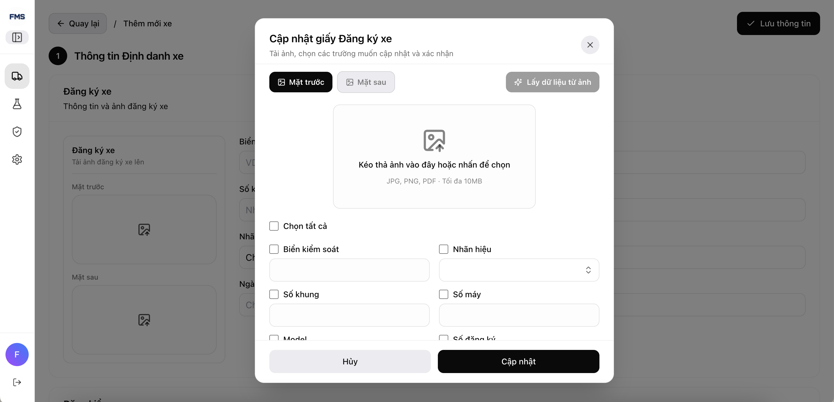 Popup upload hình ảnh và đọc OCR từng loại giấy tờ