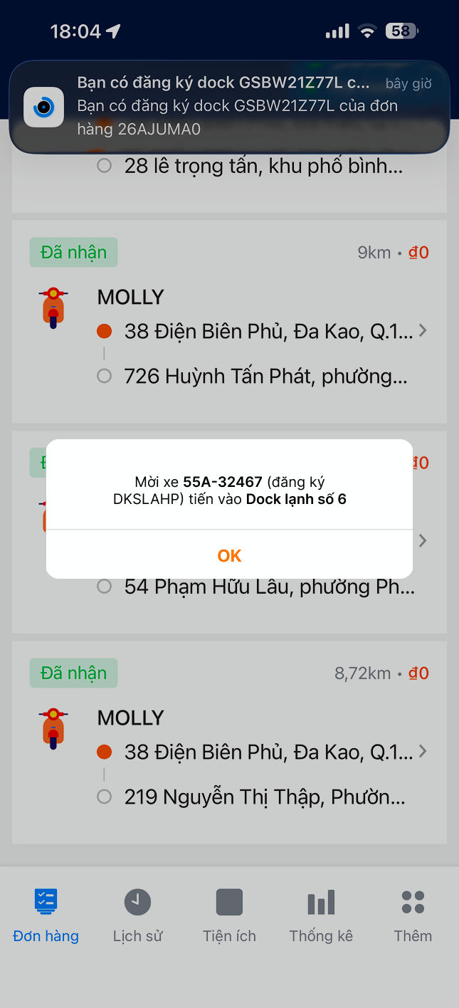 Thông báo vào dock trên App Driver