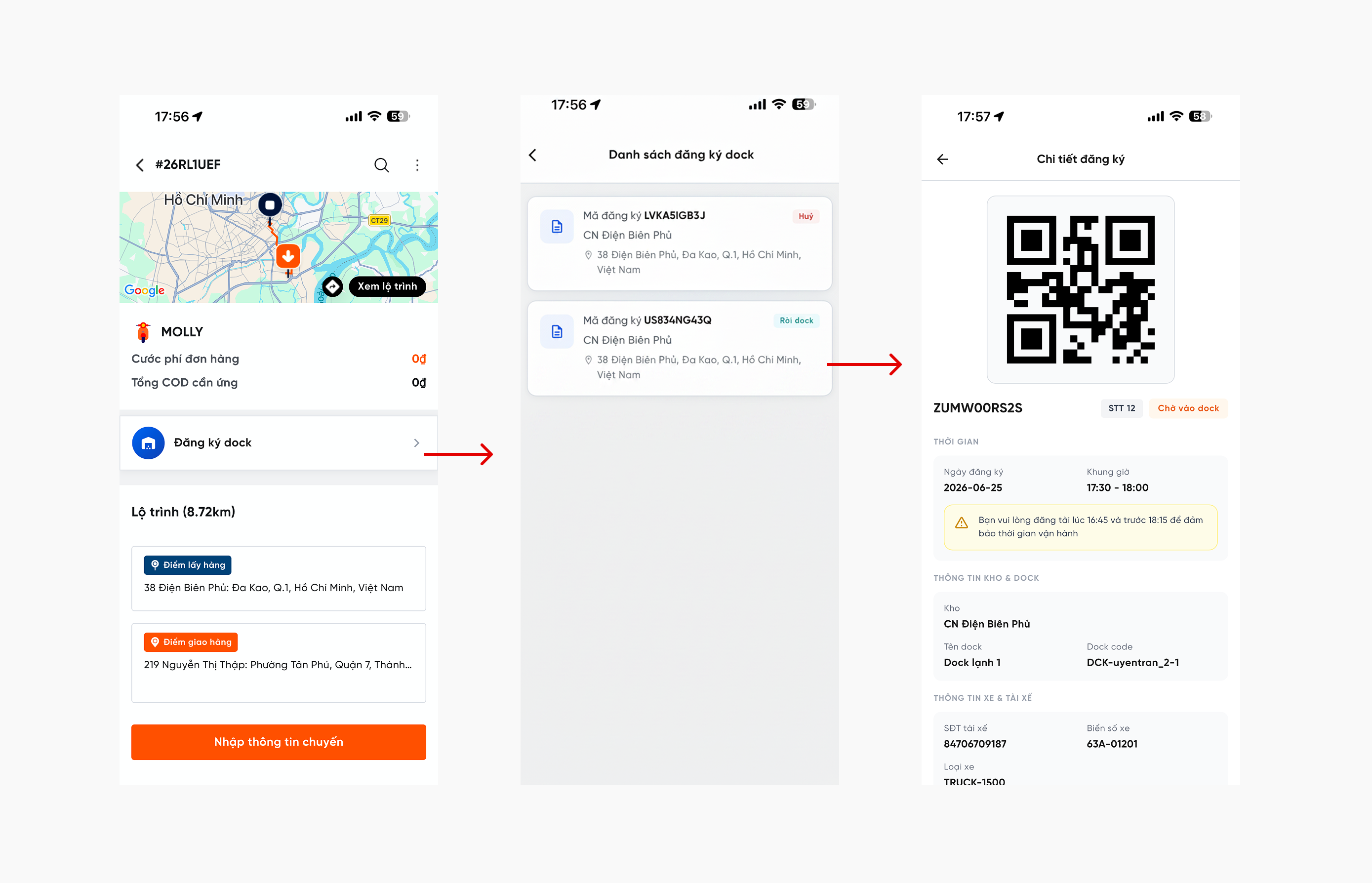 Màn hình xem danh sách và chi tiết đăng ký dock trên App Driver
