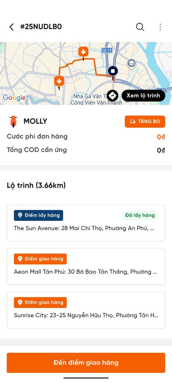 Order list screen with Tăng bo button
